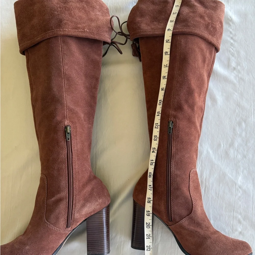 M4D3 Rafaelle Camel Brown Leather Boots Over Knee Tassel Ties Sz 9.5